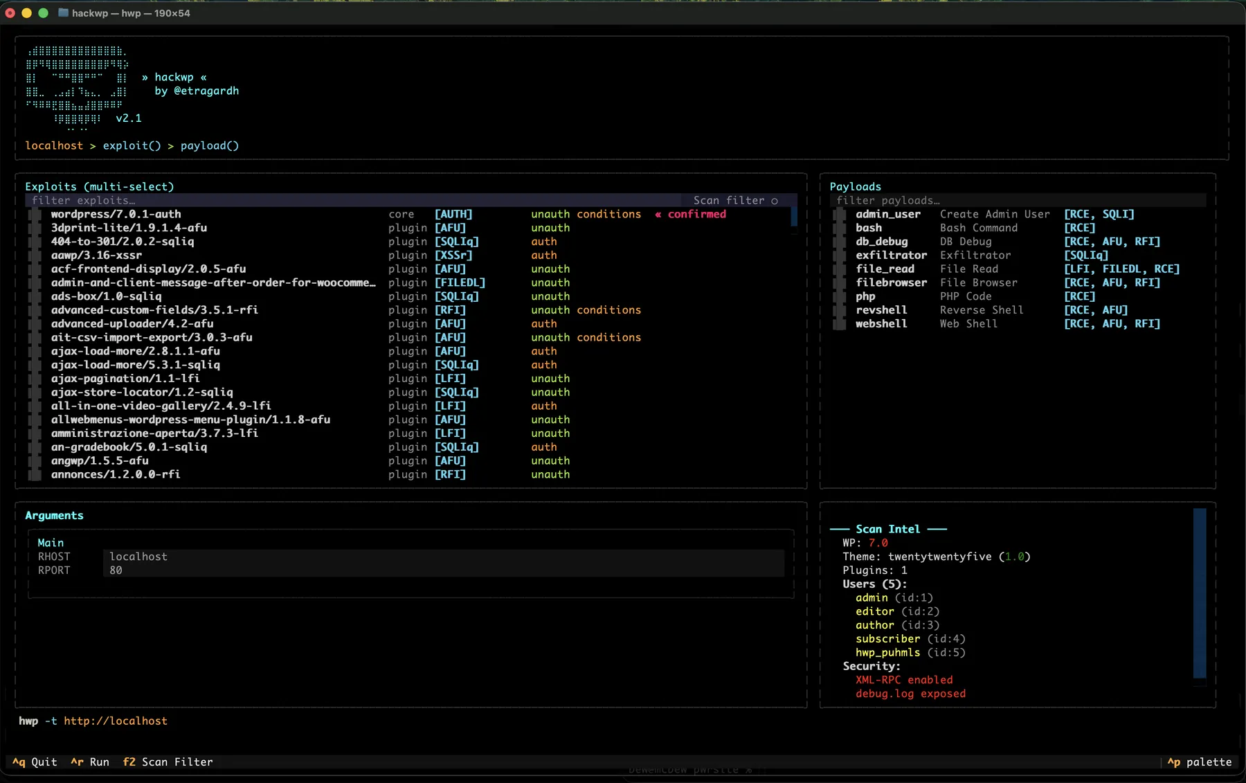 The hwp terminal interface showing the exploit list, payload list, argument form and Scan Intel pane